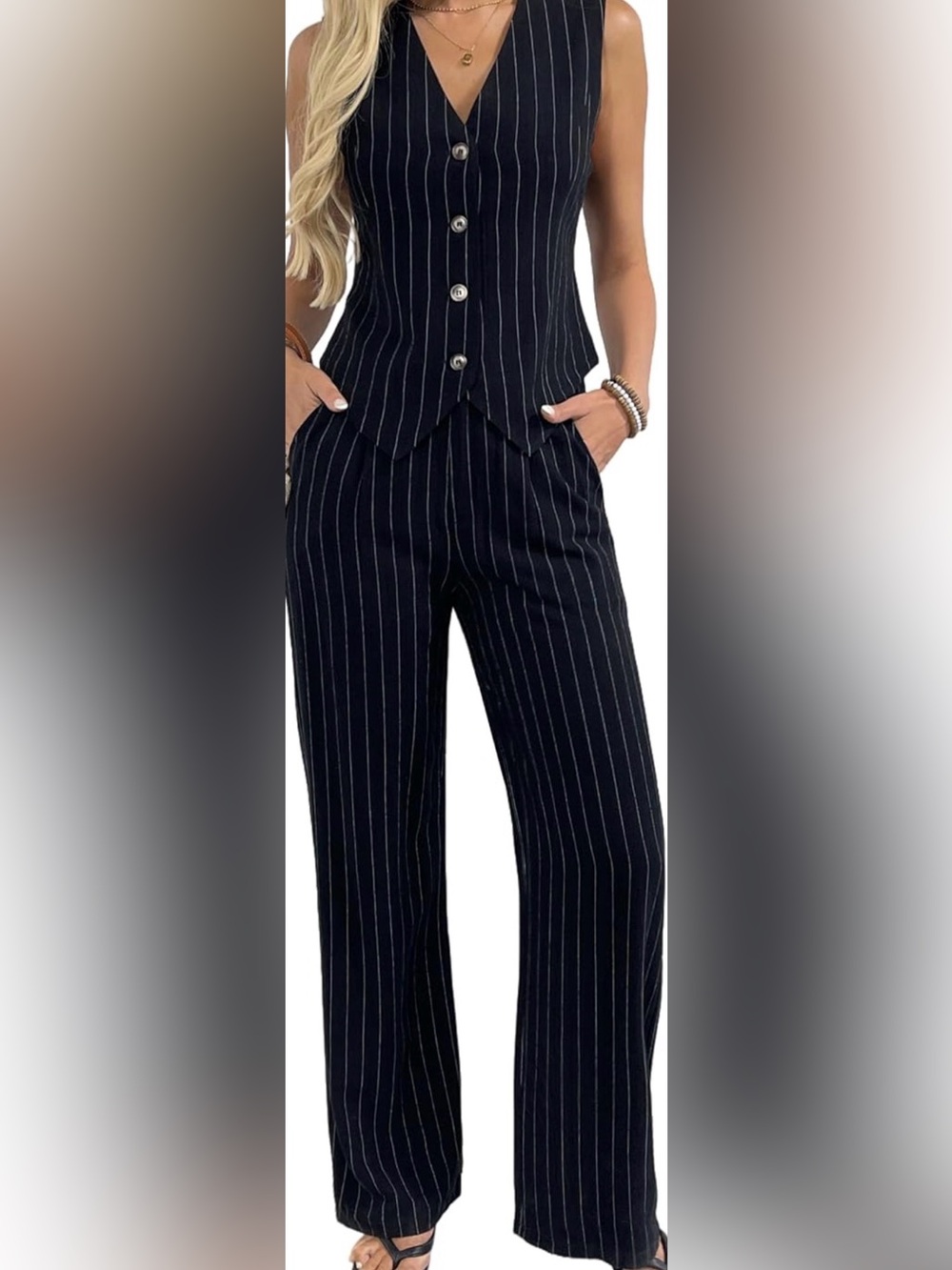 Black Pinstripe Wide-Leg Pants — Tailored Style